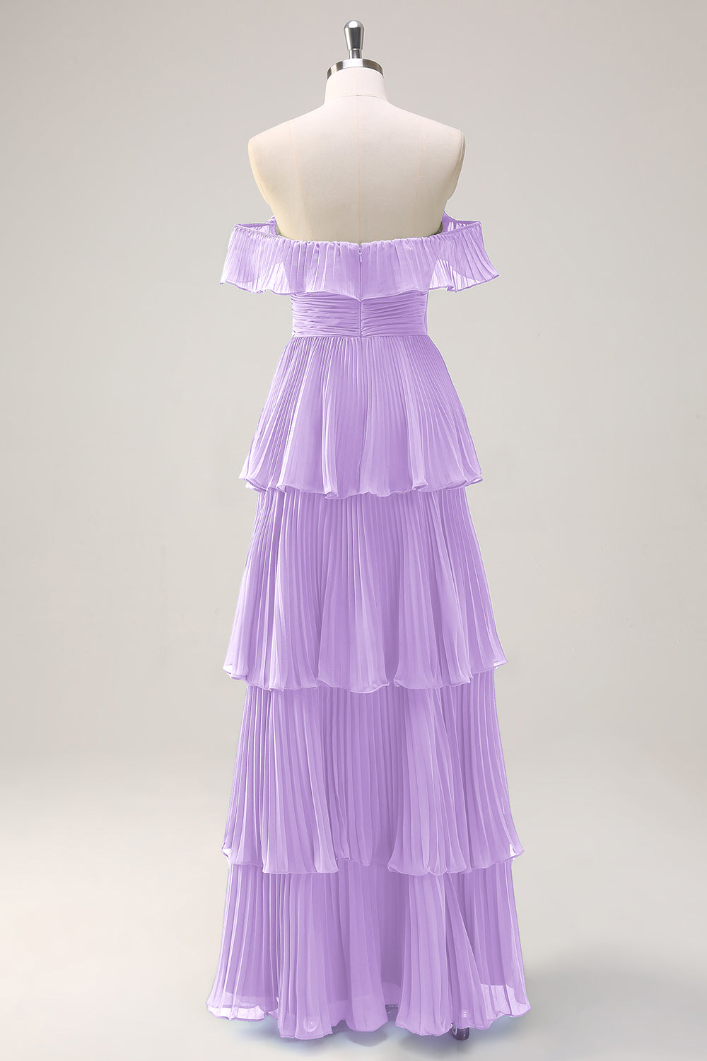 Eucalyptus A Line Off the Shoulder Tiered Pleated Long Bridesmaid Dress with Slit