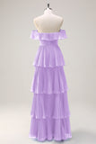 Eucalyptus A Line Off the Shoulder Tiered Pleated Long Bridesmaid Dress with Slit