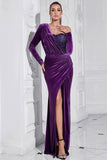Dark Purple One Shoulder Pleated Long Sleeves Evening Dress with Slit