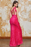 Sparkly Mermaid One Shoulder Fuchsia Sequins Long Prom Dress with Split Front