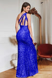 Glitter Royal Blue Mermaid One Shoulder Sequins Prom Dress With Slit