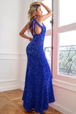 Mermaid One Shoulder Fuchsia Sequins Long Prom Dress with Split Front