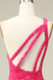 Mermaid One Shoulder Fuchsia Sequins Long Prom Dress with Split Front