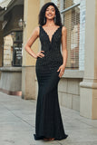 Sparkly Mermaid Deep V Neck Black Lace Long Prom Dress with Beading