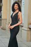 Sparkly Mermaid Deep V Neck Black Lace Long Prom Dress with Beading