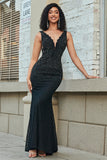 Sparkly Mermaid Deep V Neck Black Lace Long Prom Dress with Beading