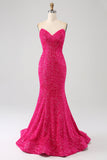 Sparkly Mermaid Sweetheart Hot Pink Sequins Long Prom Dress