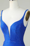 Deep V Neck Royal Blue Short Tight Homecoming Dress with Beading