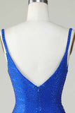 Deep V Neck Royal Blue Short Tight Homecoming Dress with Beading