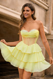Yellow Strapless Corset A Line Beaded Homecoming Dress