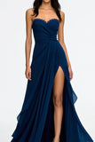 Royal Blue Strapless Sequins Long Prom Dress with Slit