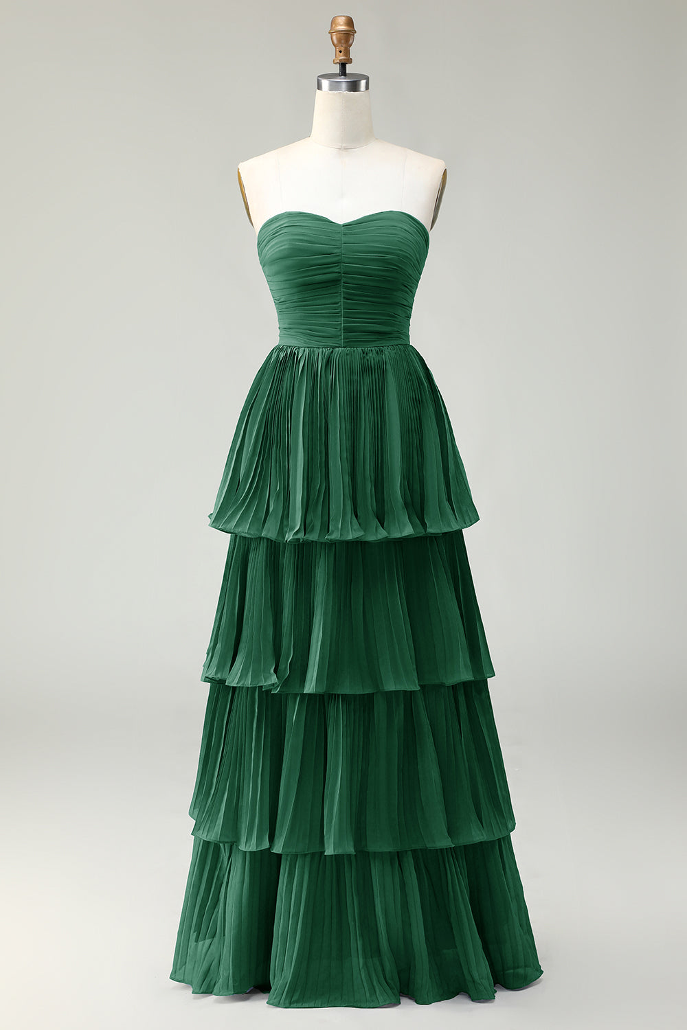 Dusty Blue A-Line Strapless Pleated Tiered Long Bridesmaid Dress