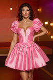 Pink Satin A Line Corset Puff Sleeves Short Homecoming Dress