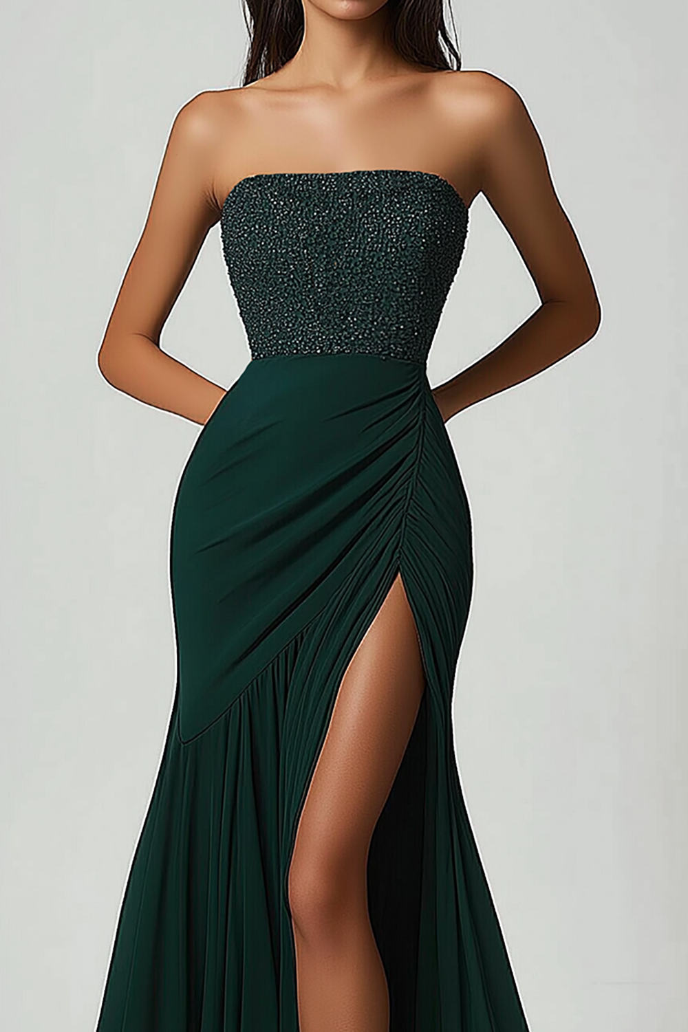Sparkly Green Mermaid Strapless Sequins Prom Dress with Slit