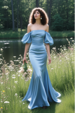 Blue Off The Shoulder Mermaid Ruched Long Prom Dress