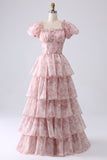 Green A Line Square Neck Tiered Long Prom Dress with Ruffles