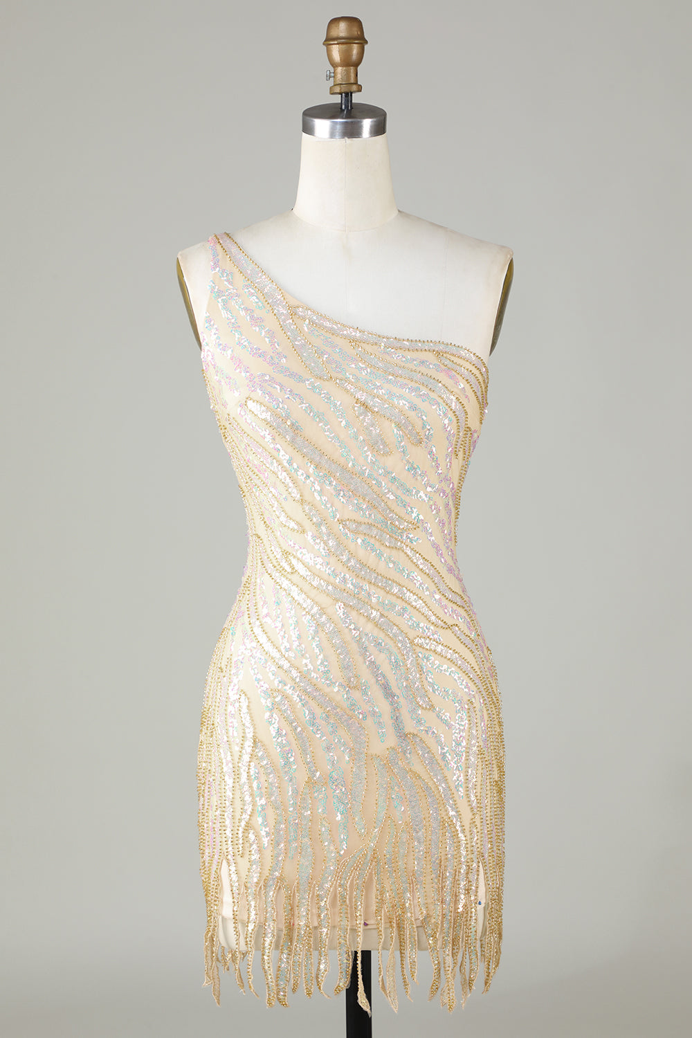 Sparkly Sheath One Shoulder Golden Sequins Short Homecoming Dress with Tassel