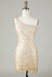 Sparkly Sheath One Shoulder Golden Sequins Short Homecoming Dress with Tassel