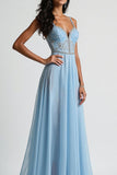 Light Blue Corset Spaghetti Straps A Line Floor Length Prom Dress
