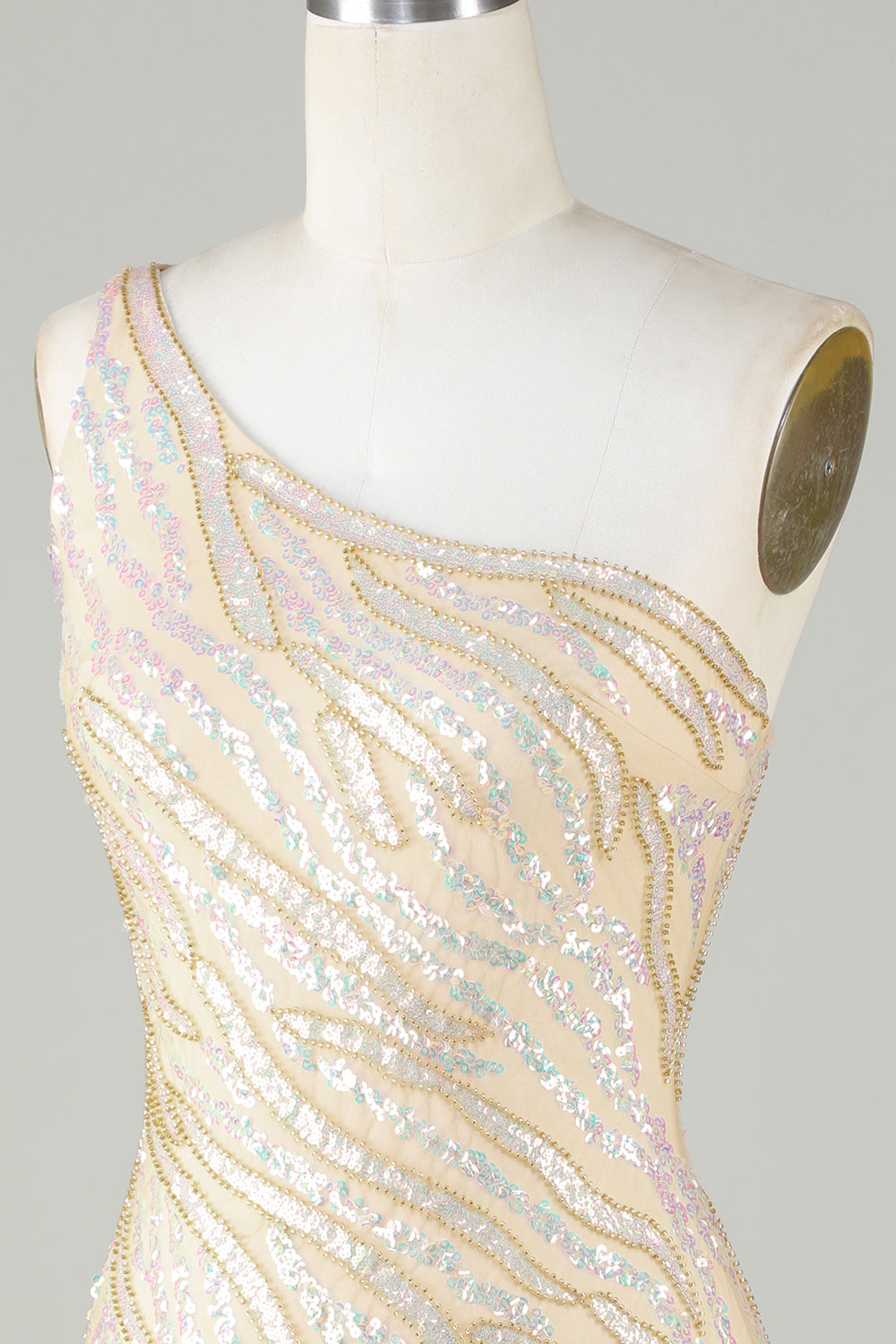 Sparkly Sheath One Shoulder Golden Sequins Short Homecoming Dress with Tassel