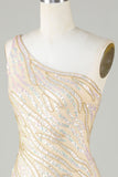 Sparkly Sheath One Shoulder Golden Sequins Short Homecoming Dress with Tassel