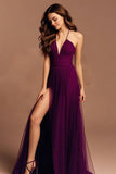 Dark Purple A Line Spaghetti Straps Long Prom Dress With Slit