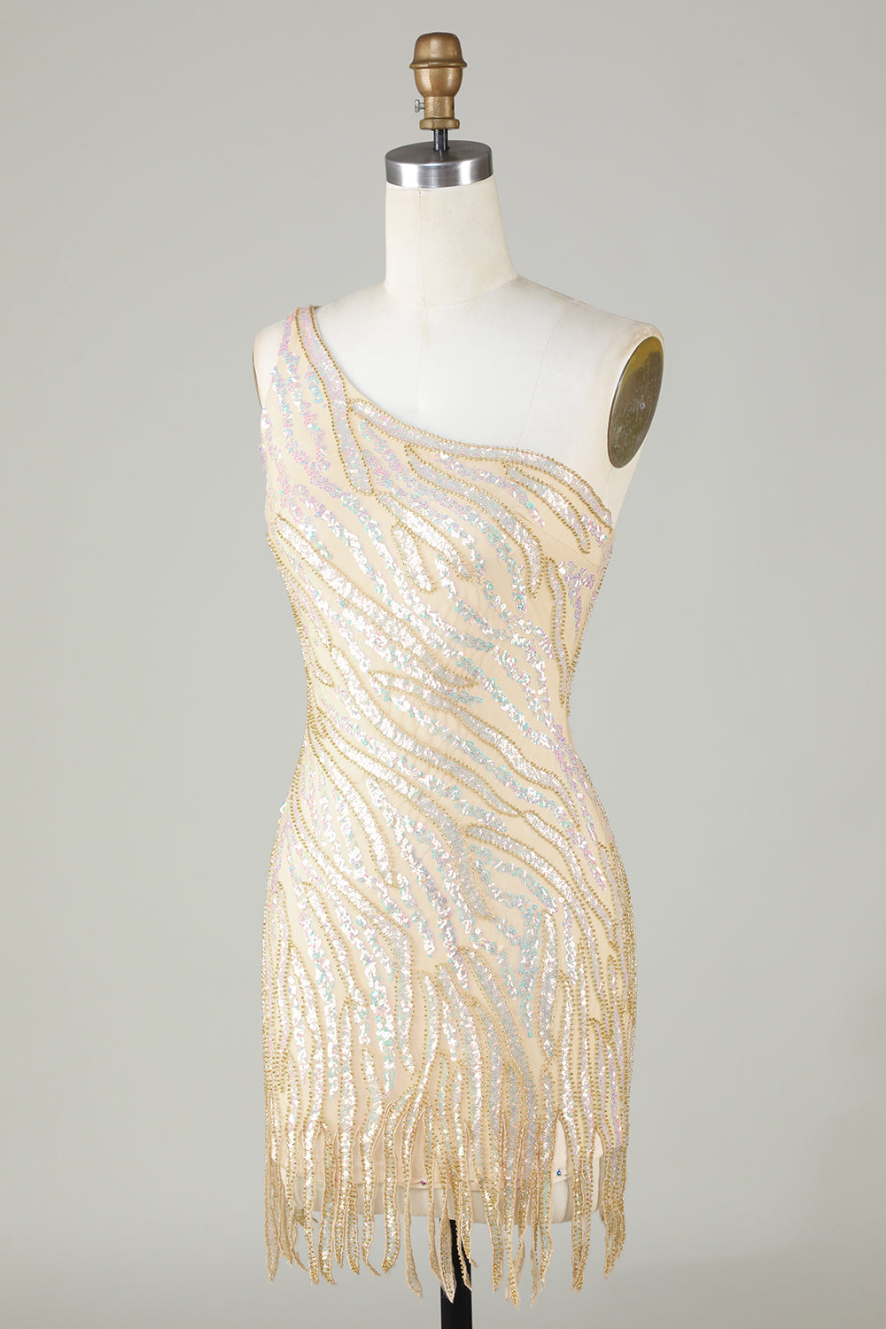 Sparkly Sheath One Shoulder Golden Sequins Short Homecoming Dress with Tassel