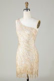 Sparkly Sheath One Shoulder Golden Sequins Short Homecoming Dress with Tassel