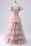 Green A Line Square Neck Tiered Long Prom Dress with Ruffles