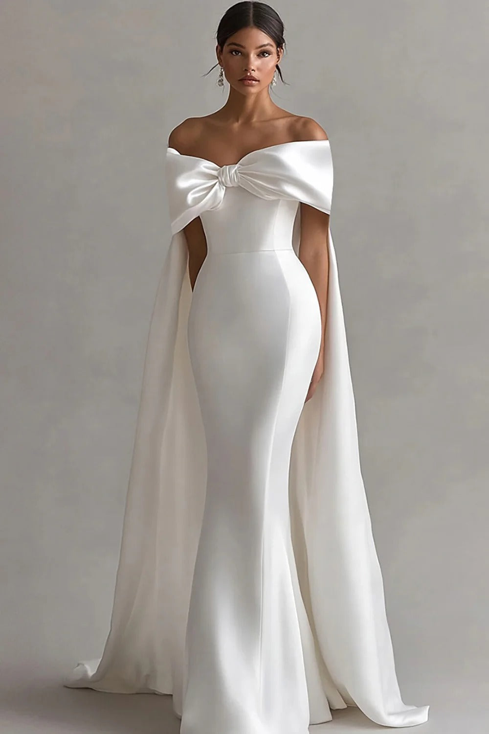 Ivory Mermaid Off The Shoulder Wedding Dress Wth Bow