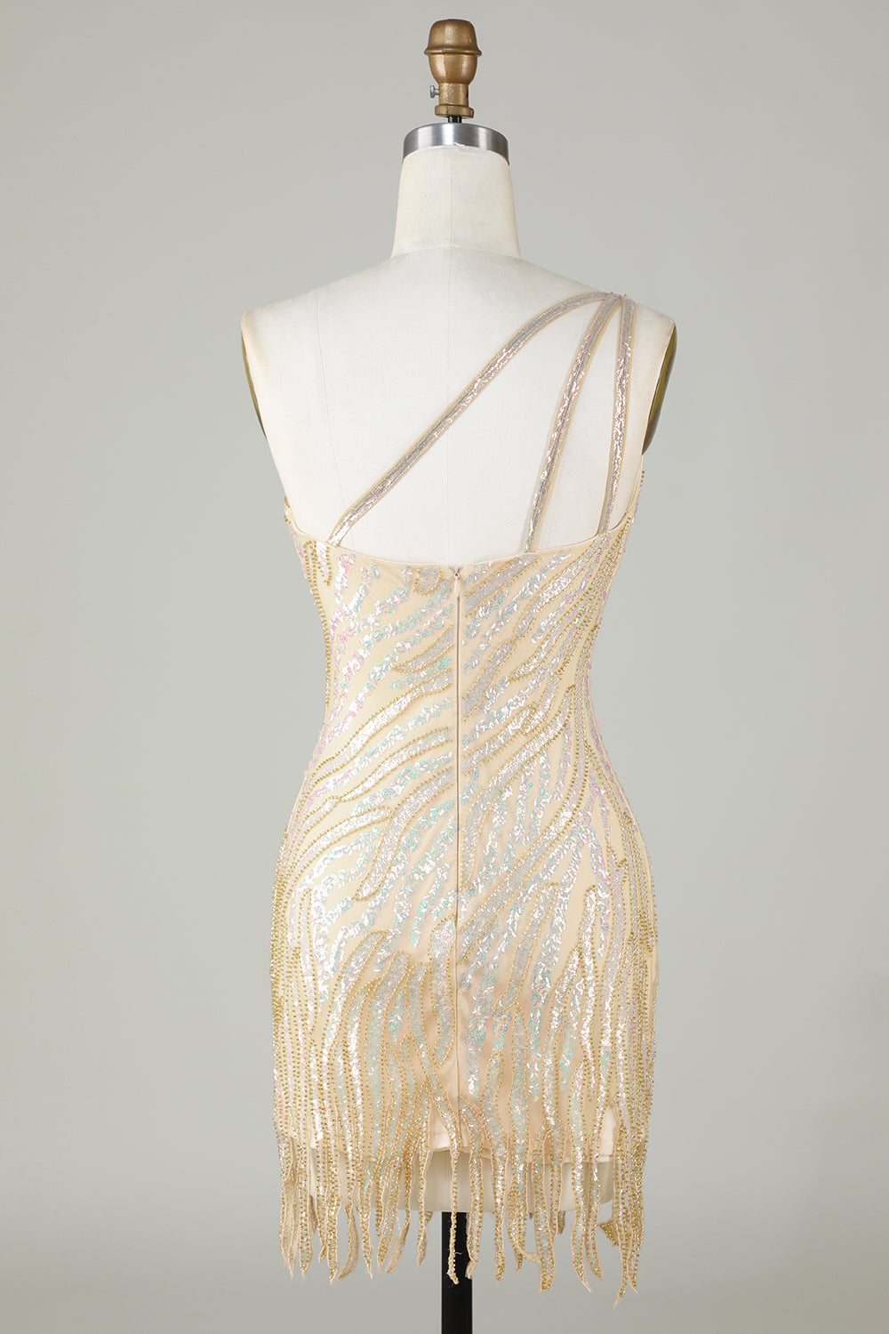 Sparkly Sheath One Shoulder Golden Sequins Short Homecoming Dress with Tassel