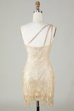 Sparkly Sheath One Shoulder Golden Sequins Short Homecoming Dress with Tassel