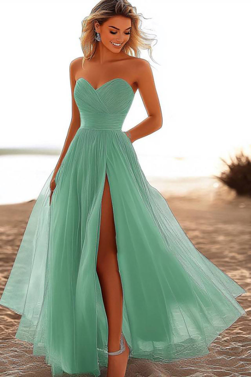 Light Green A-line Strapless Pleated Dress With Slit