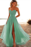Light Green A-line Strapless Pleated Dress With Slit