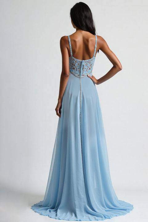 Light Blue Corset Spaghetti Straps A Line Floor Length Prom Dress