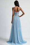 Light Blue Corset Spaghetti Straps A Line Floor Length Prom Dress