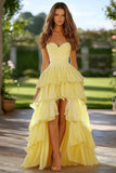 Yellow Corset Long Prom Dress with Appliques Ruffles