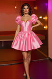 Pink Satin A Line Corset Puff Sleeves Short Homecoming Dress