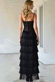 Black Corset A Line Spaghetti Straps Fringe Prom Dress With Slit