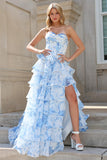 A-Line Sweetheart Tiered Blue White Flower Long Prom Dress with Slit
