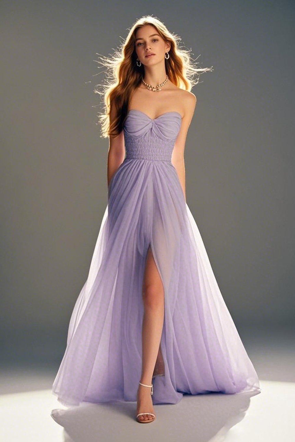 Pastel Purple A-Line Lace Strapless Pleated Full-Length Prom Dress With Slit