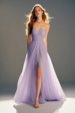 Pastel Purple A-Line Lace Strapless Pleated Full-Length Prom Dress With Slit