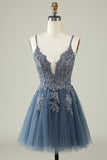 A Line Spaghetti Straps Grey Blue Short Homecoming Dress with Appliques