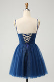 Navy A Line Spaghetti Straps Tulle Lace- Up Back Homecoming Dress