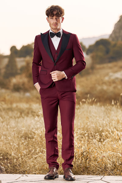 Zapaka Men's Burgundy Prom Suits 3 Pieces Peak Lapel Wedding Suits, Burgundy / 48