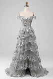 Princess A Line Off the Shoulder Black Pink Long Prom Dress with Tiered Lace