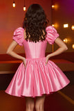 Pink Satin A Line Corset Puff Sleeves Short Homecoming Dress