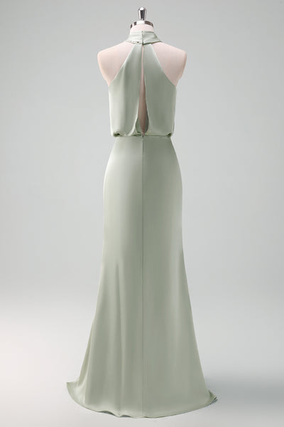 Zapaka Women Dusty Sage Bridesmaid Dress Halter Neck Satin Sheath Long Wedding Guest Dress, Satin color / US24W
