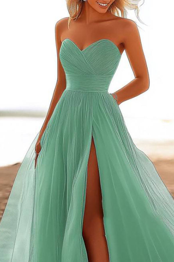 Light Green A-line Strapless Pleated Dress With Slit