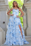 A-Line Sweetheart Tiered Blue White Flower Long Prom Dress with Slit